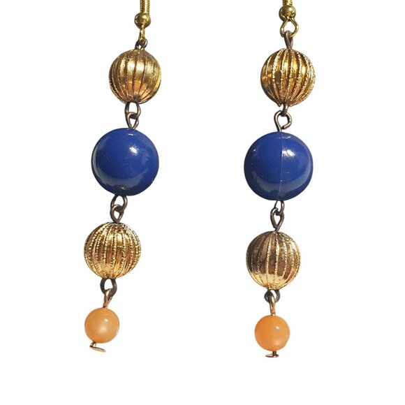 Gold Tone Blue Orange Bead Dangle Earrings Hook Back Sports Fan Jewelry Gift - Picture 2 of 5